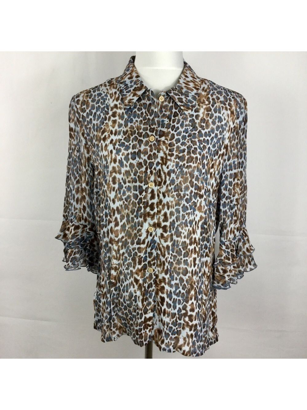 Lecomte Blue Leopard Print Button Up Blouse Top With Double Ruffle Bell Sleeves